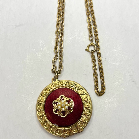 Vintage Guilloche Locket Necklace Gold Tone Red Enamel and Pearl Detail - Picture 3 of 15